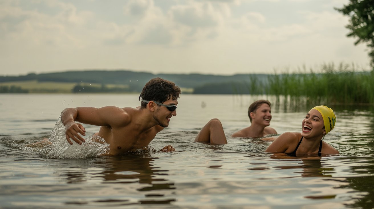 Troje młodych ludzi radośnie pluska się w płytkiej wodzie jeziora; jedna osoba w żółtym czepku, druga w okularach pływackich, w tle trzciny i łagodne wzgórza