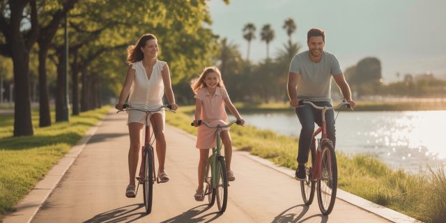 family-riding-bicycles-in-rio-verde-whit_gv749MbqT1iU4mUByunbRw_0lNypqEySkGRy0H-CgkrqQ Rodzina na rowerach jedzie słoneczną ścieżką nad jeziorem, pośród drzew i zieleni, w pogodnym, letnim klimacie.