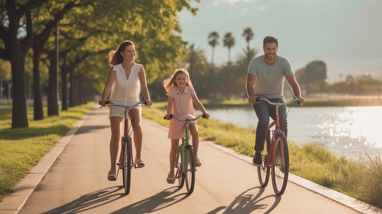Rodzina na rowerach jedzie słoneczną ścieżką nad jeziorem, pośród drzew i zieleni, w pogodnym, letnim klimacie.