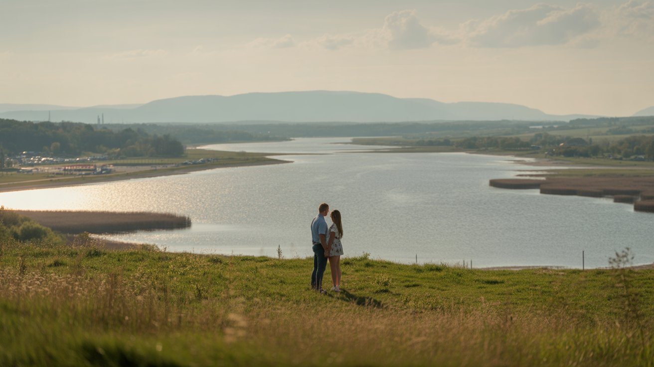 Para na wzgórzu o zachodzie słońca patrzy na rozległe jezioro i dalekie pasma gór, spokojny krajobraz.
